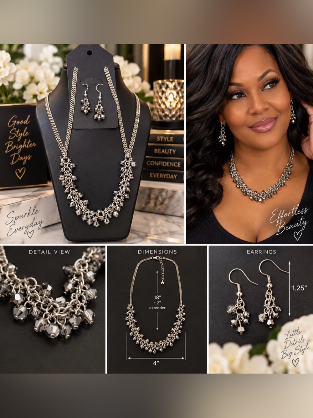 Elegant Silver-Tone Cluster Necklace & Earrings Set